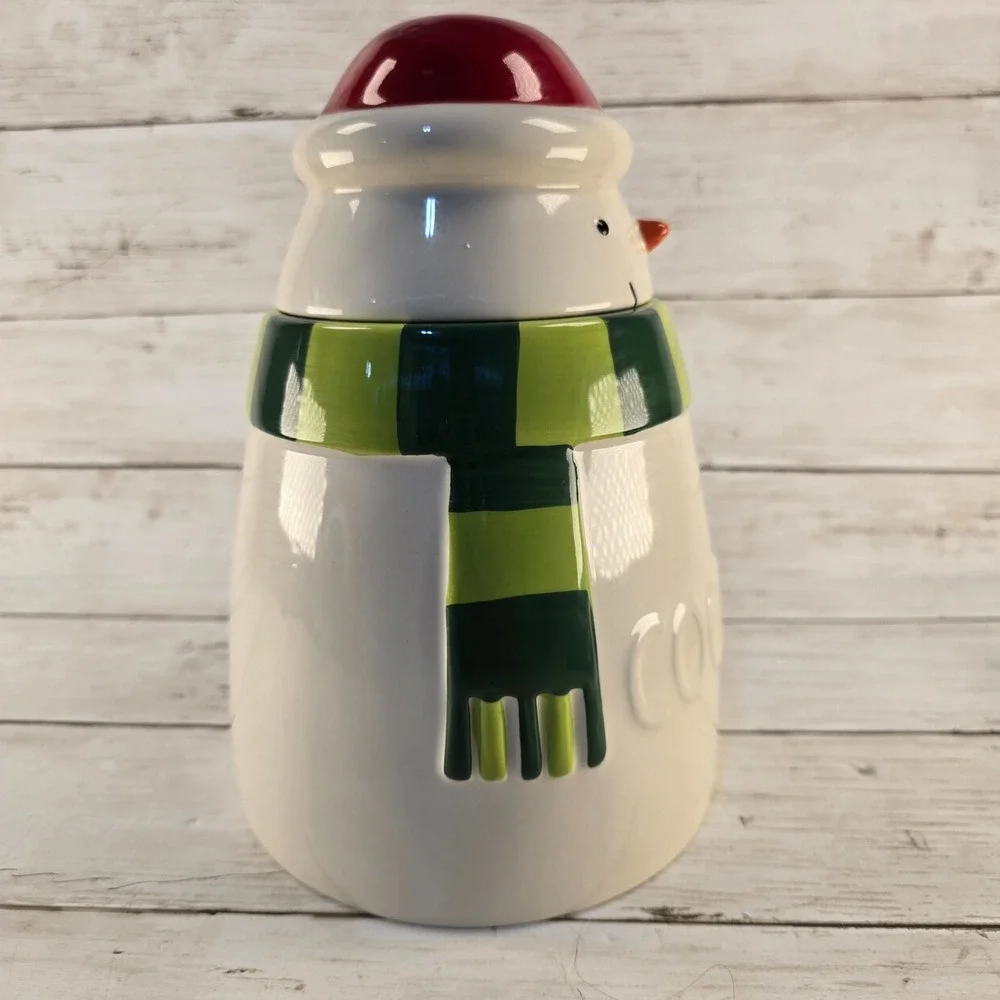 Hallmark Snowman Cookie Jar Christmas Ceramic Holiday Decor Red Green White